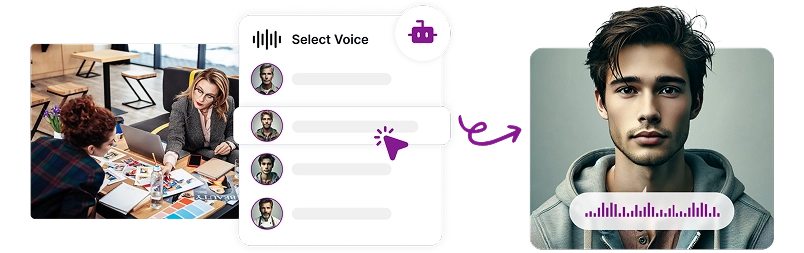 Image depicting business people in a meeting with a voice selection interface alongside a portrait with audio waveform, showing effortless AI voiceovers for professional branding.