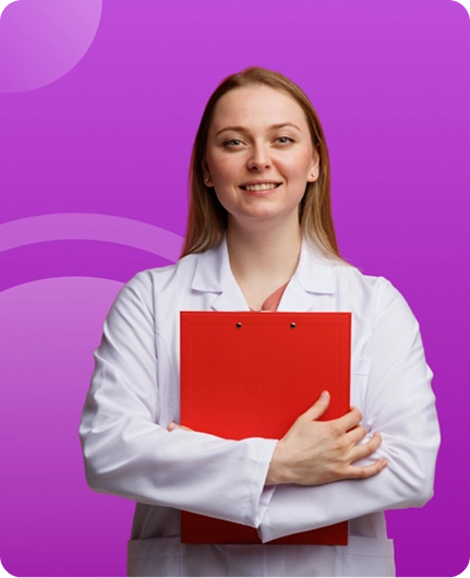 Image depicting a healthcare professional in a white coat holding a red folder against a purple background, representing voice-over solutions for the medical industry.