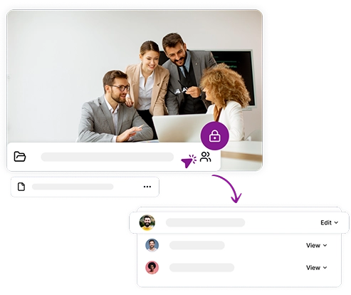 Image depicting business colleagues in a meeting with a workspace management interface, demonstrating secure team collaboration features for voice over projects.