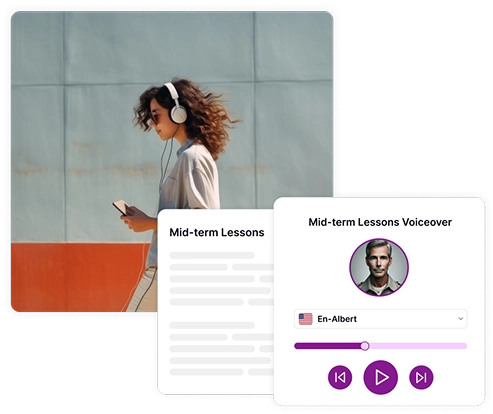 Image depicting a person with headphones walking with a mobile device and a lesson voiceover interface, showing read-aloud accessibility features for educational content.