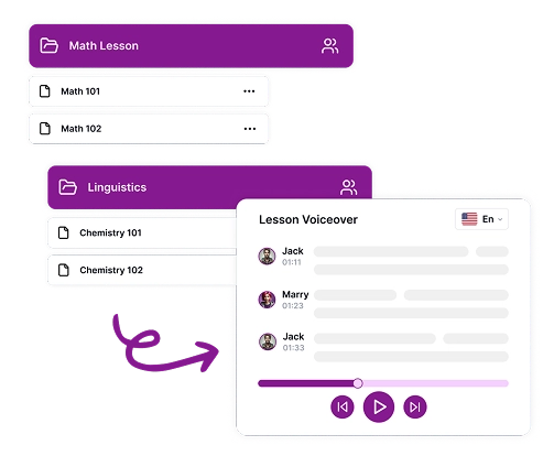 Image depicting a lesson management interface with voice selection options, demonstrating how AI voice generators simplify educational course creation.