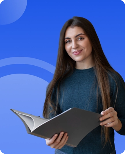 Image depicting a teacher holding an open book against a blue background, representing voice-over tools for classroom instruction.