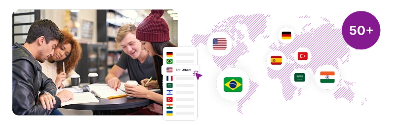 Image depicting students collaborating at a table with a world map interface showing country flags and a "50+" badge, representing extensive language support to reach every student.