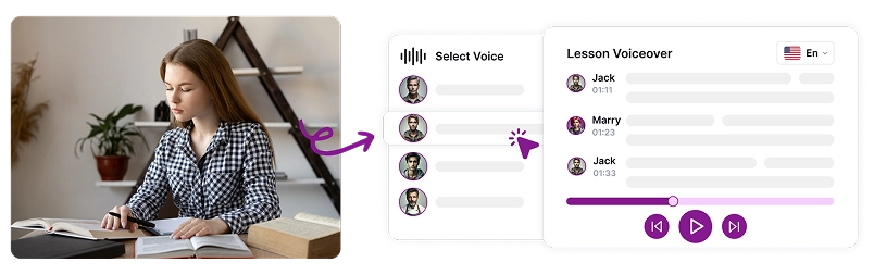 Image depicting a person working at a computer with a voice selection interface showing how to instantly transform lesson plans into audio content.