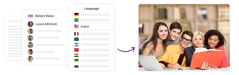 Image depicting diverse students holding books with a language selection interface showing multiple flag options for creating effortless voiceovers in multilingual classrooms.