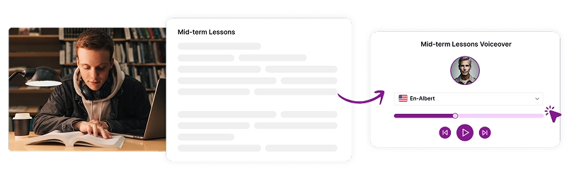 Image depicting a person reading at a library desk alongside a lesson voiceover interface, highlighting natural read-aloud tools that enhance learning experiences.