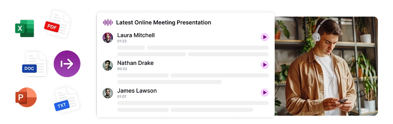 Image depicting document format icons with a meeting presentation interface and a person working with mobile device, showing instant document-to-voice over conversion.