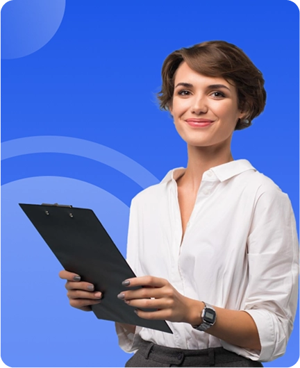 Image depicting a marketing professional holding a tablet or clipboard against a blue background, representing voice-over tools for promotional content.