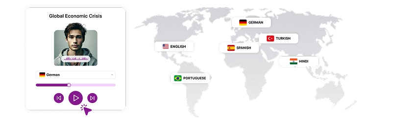 Image depicting a world map with country flags and a speaker profile interface, representing multi-language voice message capabilities for global audience reach.