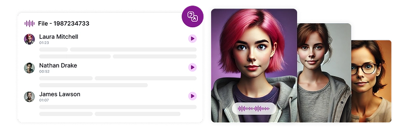 Image depicting diverse animated character portraits alongside a file interface with user listings, representing dynamic voice over creation with multiple speaker options.