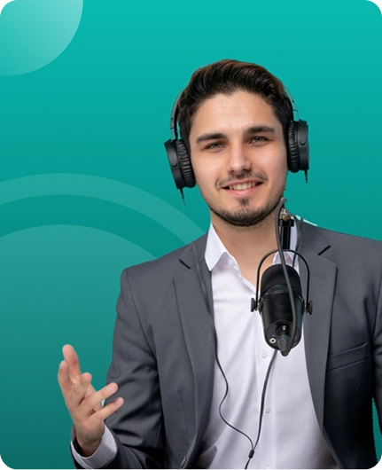 Image depicting a person wearing headphones and speaking into a professional microphone against a teal background, representing voice-over tools for podcast creators.