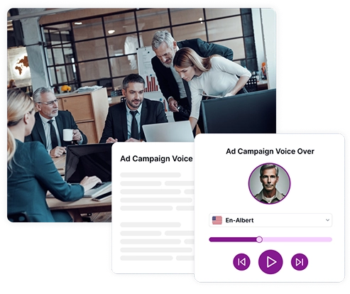 Image depicting a business meeting in progress with people gathered around a table, next to a voice-over interface showing text-to-speech productivity tools.