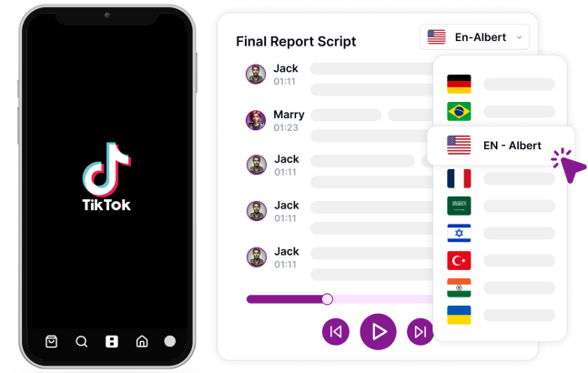 Interface que mostra opções de seleção de voz para diferentes países com a opção EN-Albert destacada.