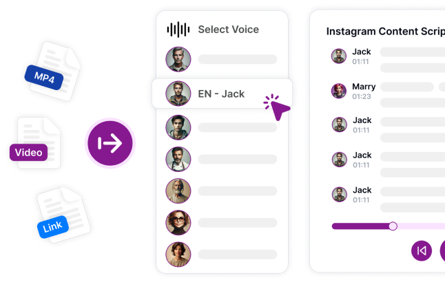 Interface mostrando opções de seleção de voz para conteúdo de áudio.