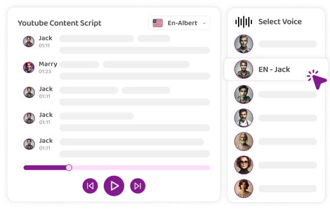 Interface d’un script de contenu avec les options de sélection de voix mises en évidence.