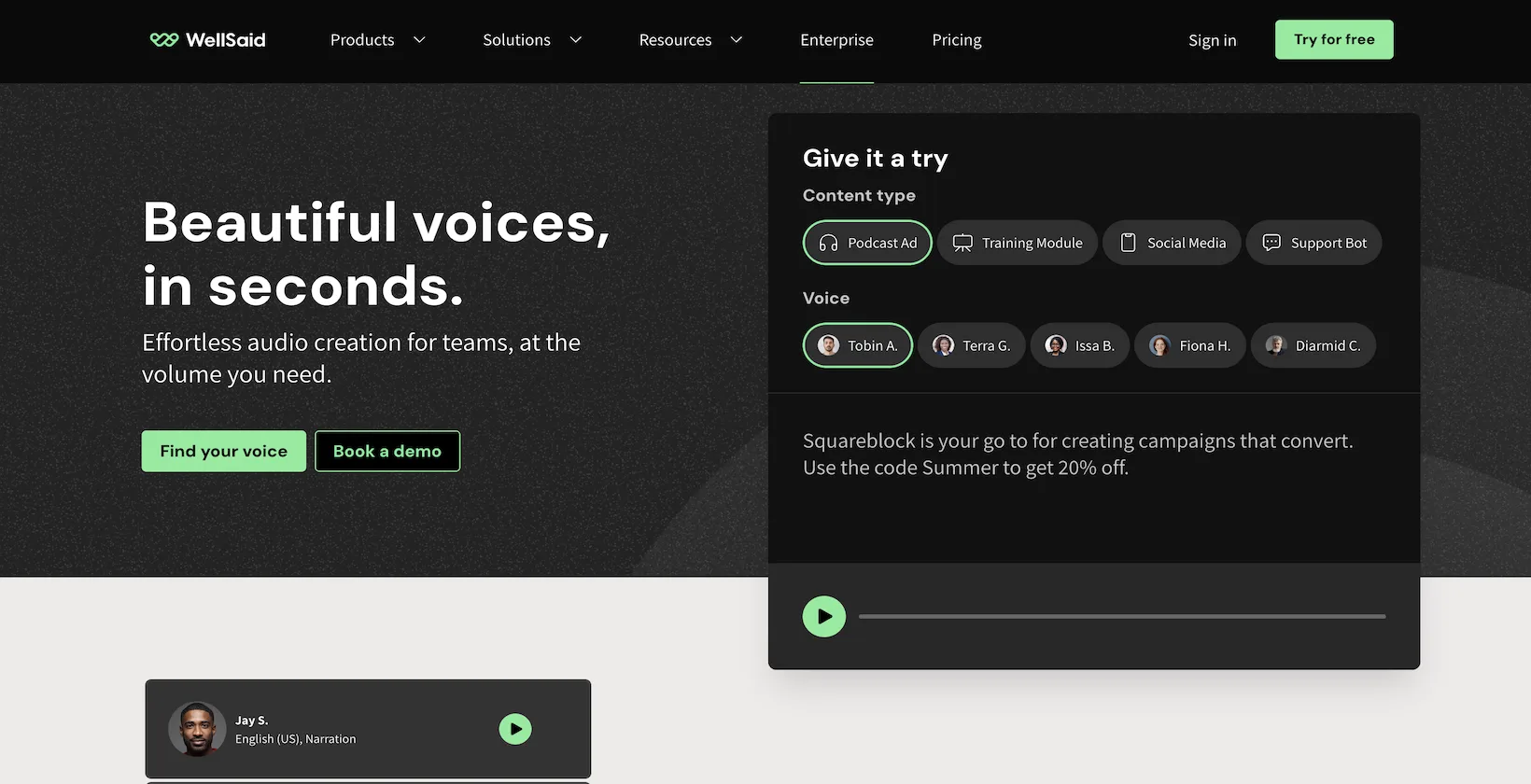 A screenshot of the WellSaid Labs homepage that can create beautiful voices in seconds. 