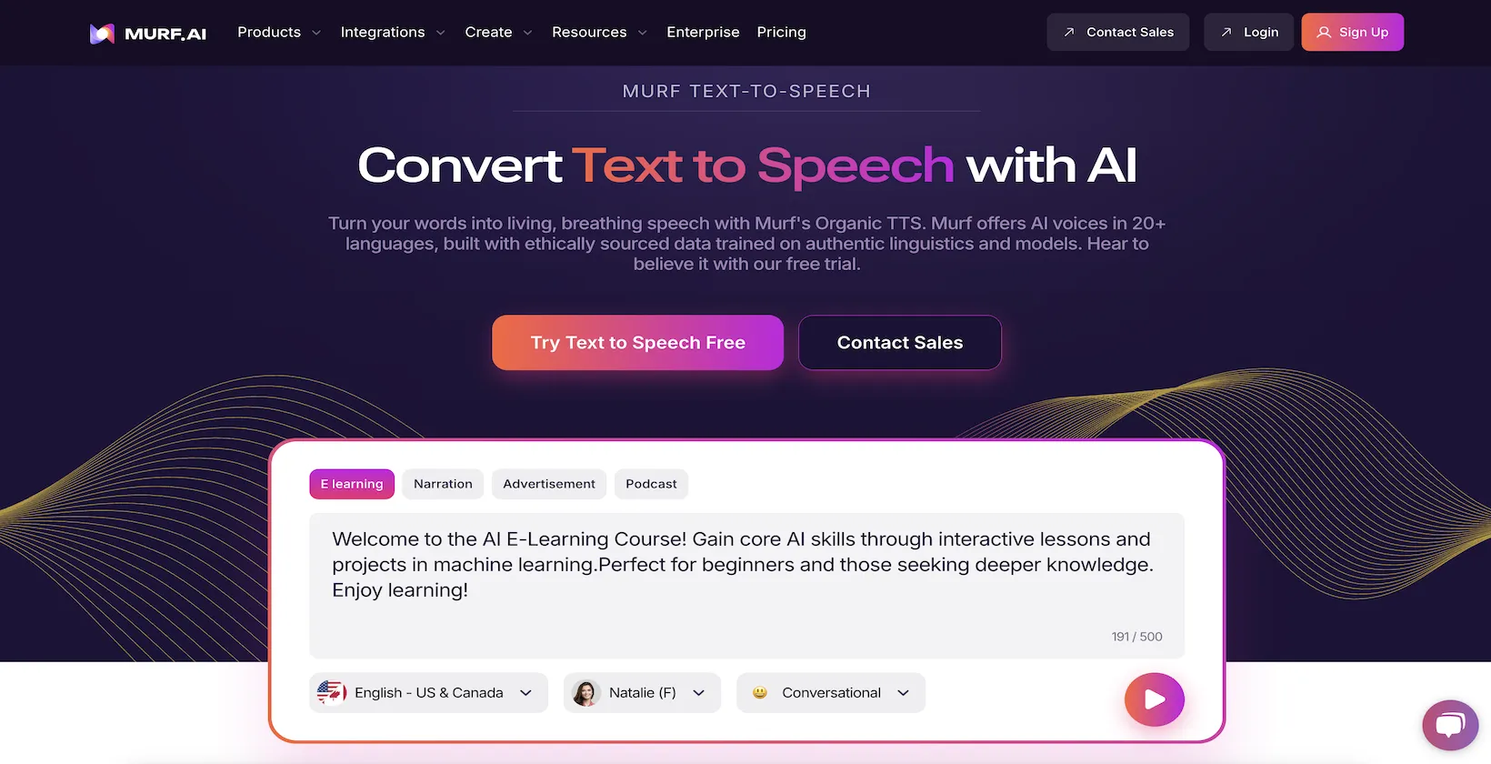 A screenshot of the Murf AI homepage shows its text-to-speech converter and the different types of voices.