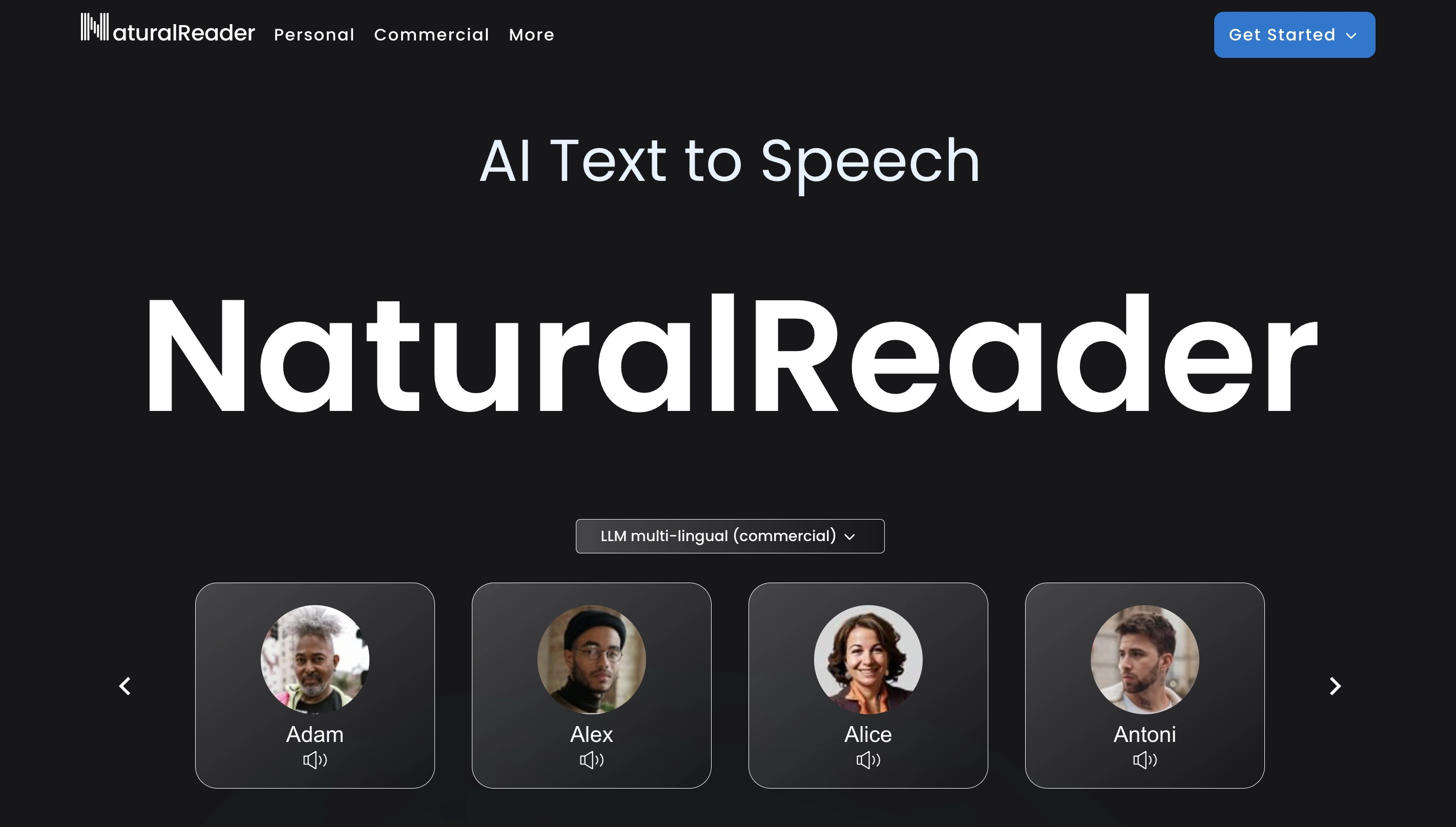 Скриншот домашней страницы NaturalReader, показывающий, что это #1 AI преобразование текста в речь для личного использования.